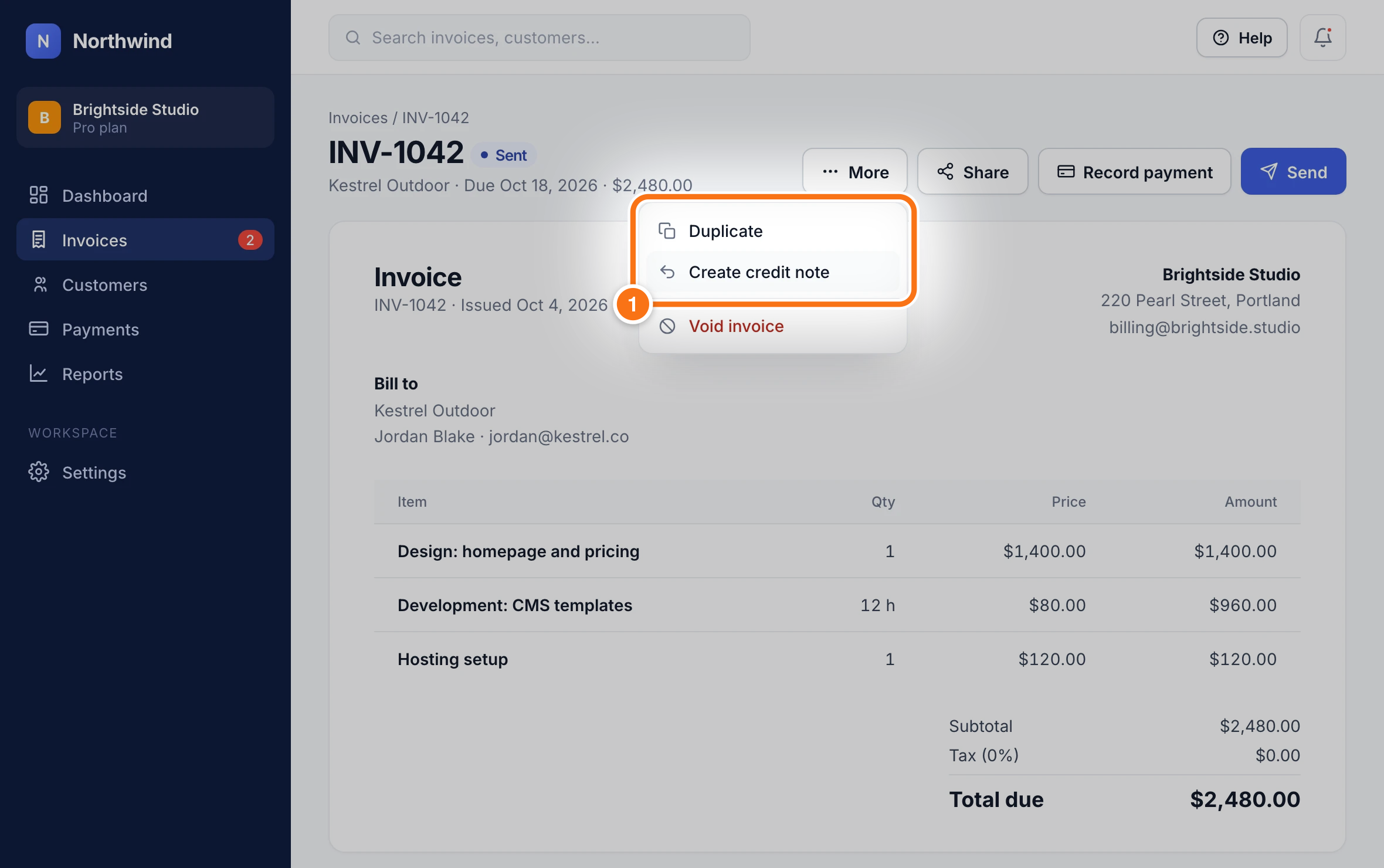Open the invoice’s More menu